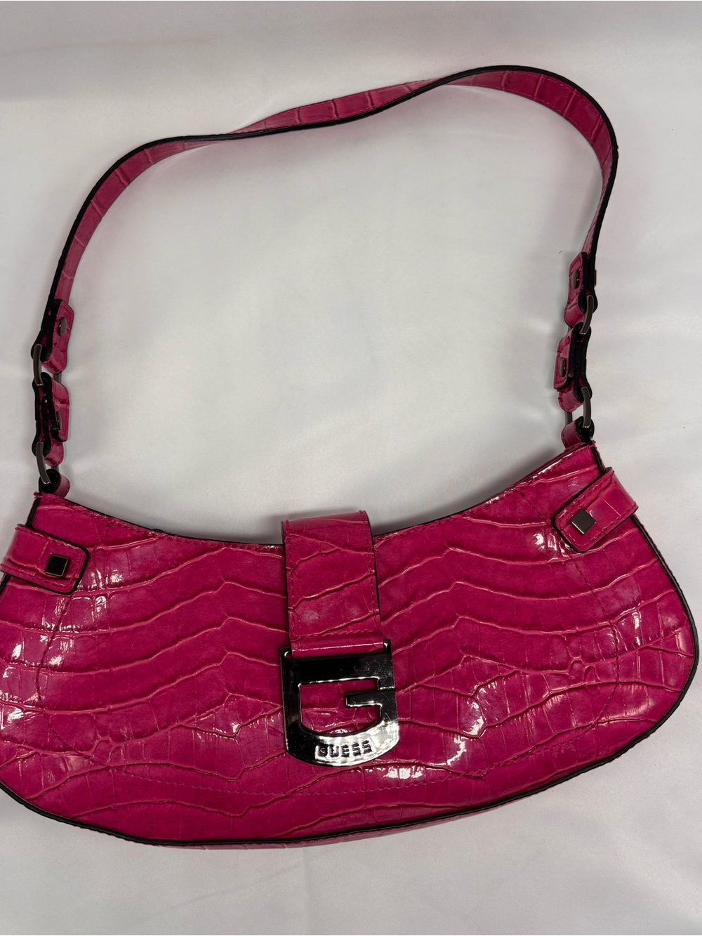 VTG Y2K Guess Pink Croc Embossed Baguette Shoulder Bag